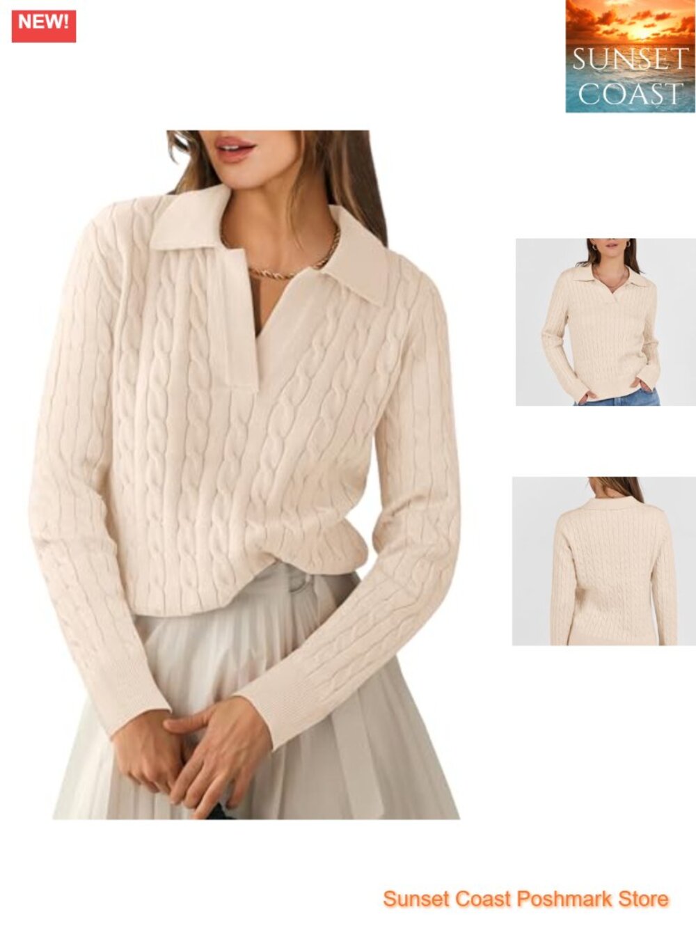 Cable Knit Sweater Long Sleeve V-Neck Pullover Fall Top